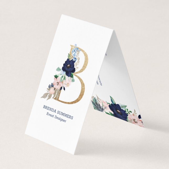 Letter B Navy-Blue & pink marina bloom flowers Business Card (Front)