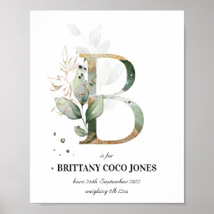 Letter B New Baby Monogram Birth Print Greenery