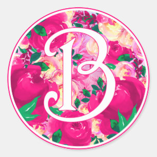 Letter B Pink Watercolor Floral Circle Monogram Classic Round Sticker