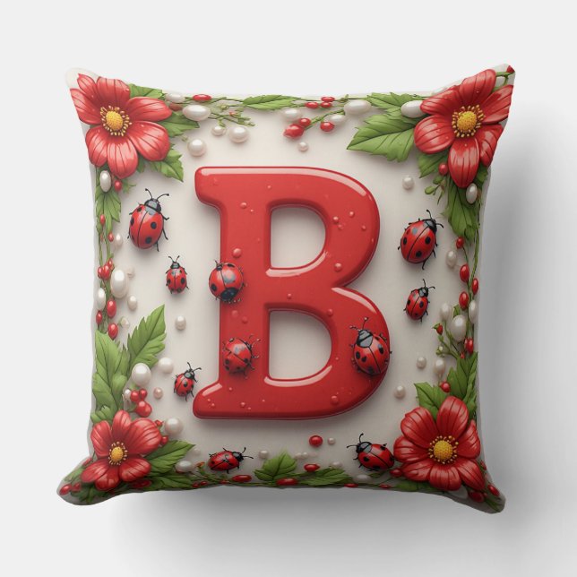 🐞 Letter B Red Ladybugs Poppies Pearls Cushion (Front)