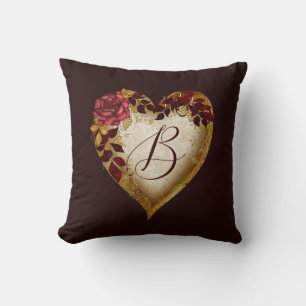 Letter B Vintage Red rose and Golden leaves Heart  Cushion