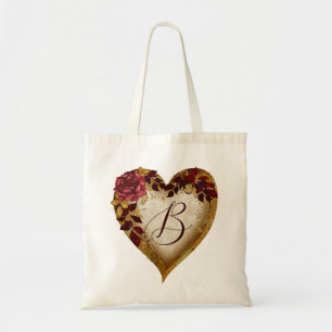 Letter B Vintage Red rose and Golden leaves Heart Tote Bag