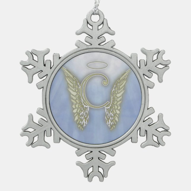 Letter C Angel Monogram Snowflake Pewter Christmas Ornament (Front)