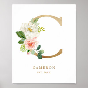 Letter C Blush Floral Monogram Gold Foil Nursery Poster