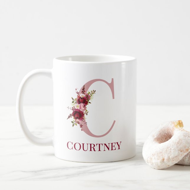 Letter C Burgundy Blush Floral Coffee Mug (With Donut)