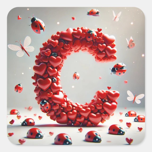 Letter C Creative Heart Cluster Square Sticker (Front)