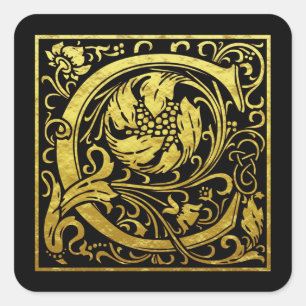 Letter C First Letter Faux Gold Black Square Sticker