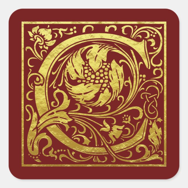 Letter C First Letter Faux Gold Red Square Sticker (Front)