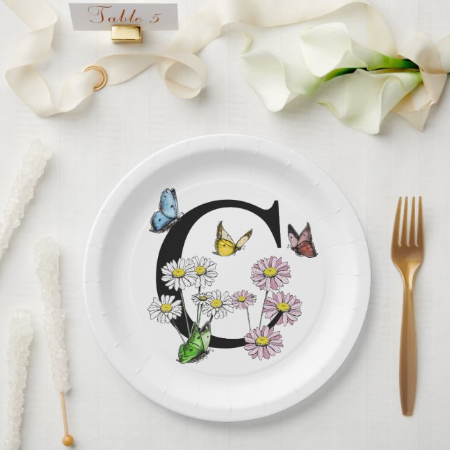 Letter C Floral Butterfly Monogram Initial     Paper Plate (Wedding)