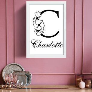 Letter C Floral Modern Black Monogram Nursery Poster