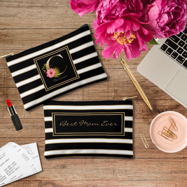 Letter C Floral Monogram Black White Gold Stripes Accessory Pouch (Creator Uploaded)