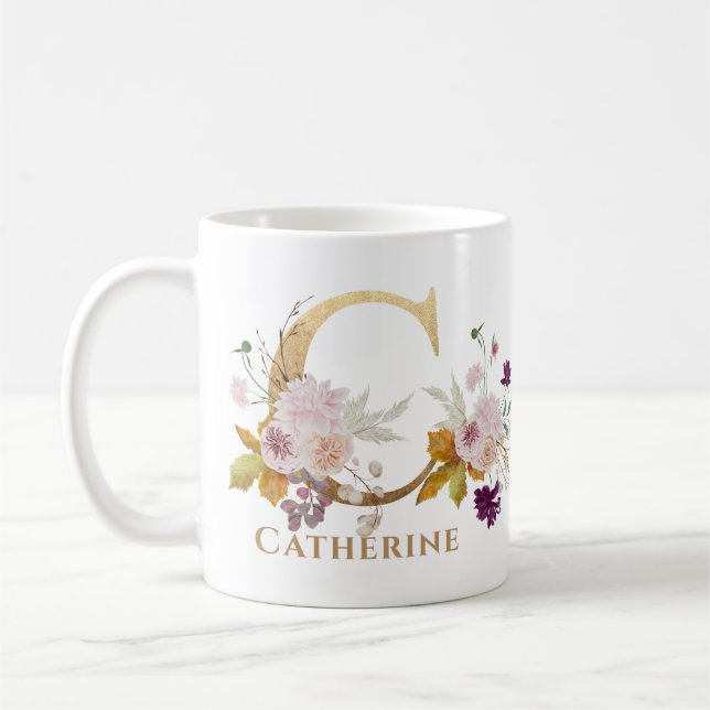 Letter C - Gold Floral Name sister coworker friend Coffee Mug (Left)