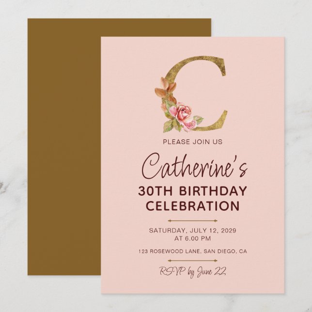Letter C Gold Monogram Blush Pink Roses Invitation (Front/Back)