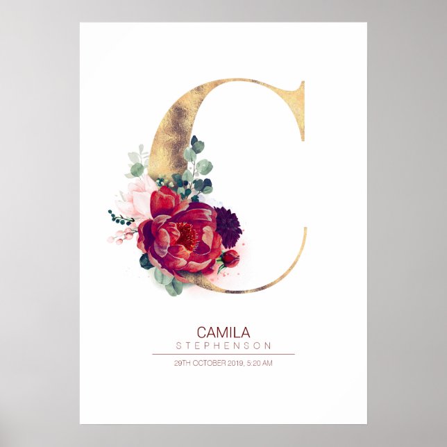 Letter C Monogram Floral Burgundy Red and Gold Poster (Front)