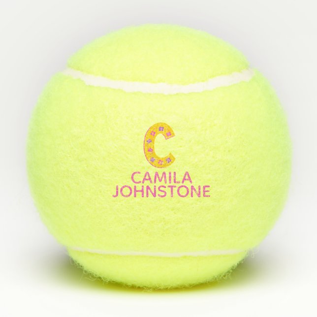 Letter C monogram girls personalised yellow pink Tennis Balls (Back)