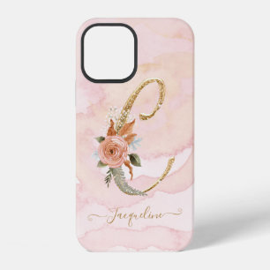Letter C Monogram Gold Script Watercolor Floral iPhone 12 Case