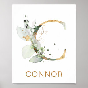 Letter C Monogram Green & gold foliage Nursery Poster