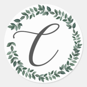 Letter C Monogram Minimalist Botanical Leaf Wreath Classic Round Sticker