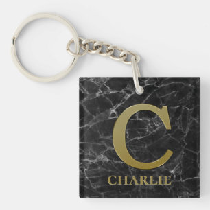 Letter C monogram on black marble Key Ring