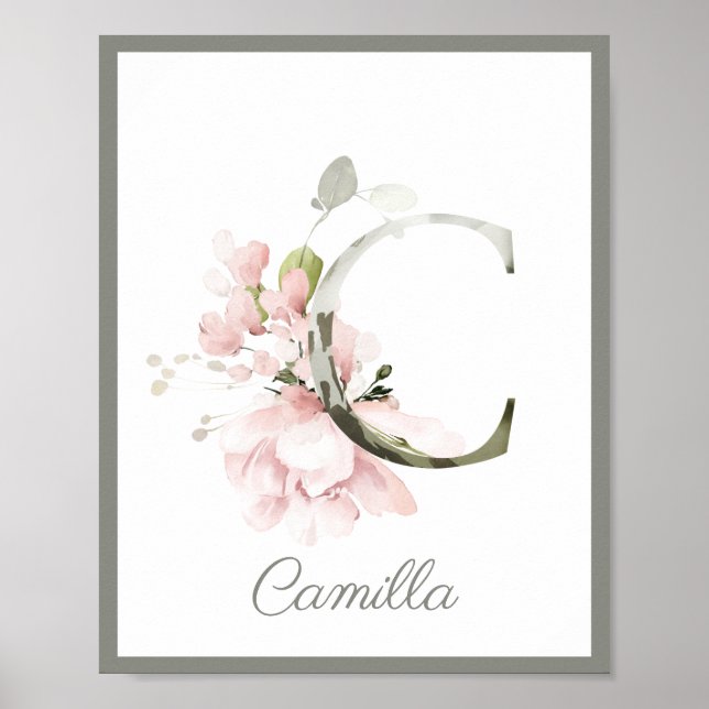 Letter C Monogram Pink Rose Foliage Nursery Poster (Front)
