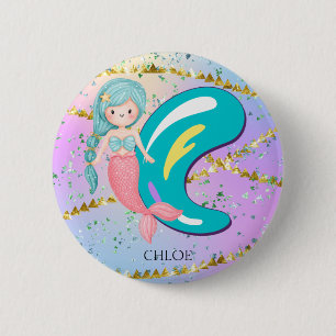 Letter C Monogram Watercolor Cute Mermaid Nursery 6 Cm Round Badge