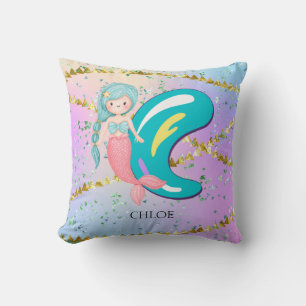 Letter C Monogram Watercolor Cute Mermaid Nursery Cushion