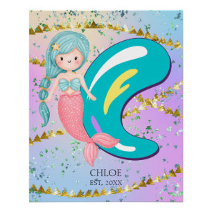 Letter C Monogram Watercolor Cute Mermaid Nursery Poster