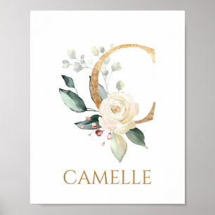Letter C Monogram white cream rose Nursery Poster