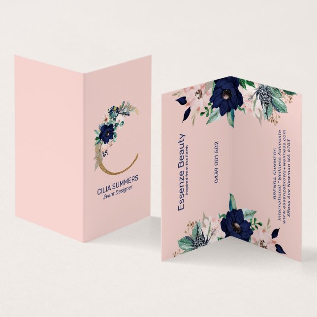 Letter C Navy-Blue & pink marina bloom flowers Bus Business Card (Inside and Outside)