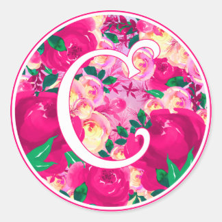 Letter C Pink Watercolor Floral Circle Monogram Classic Round Sticker