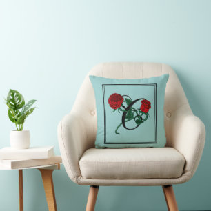 Letter C Script Monogram with Red Roses Turquoise Cushion