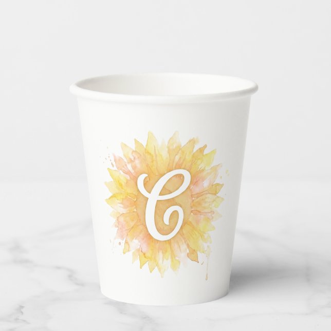 Letter C Sunflower First Name Monogram Initial  Paper Cups (Front)