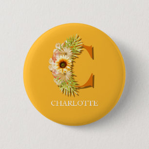 Letter C Sunflower Floral with Name 6 Cm Round Badge