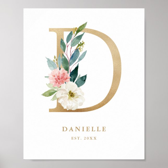 Letter D Blush Floral Monogram Gold Foil Nursery Poster (Front)