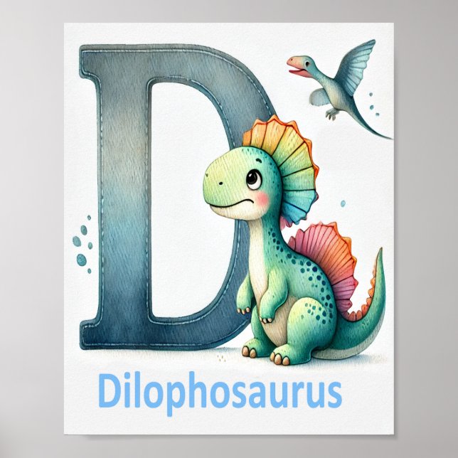 Letter D, Dinosaur Alphabet Watercolor Poster (Front)