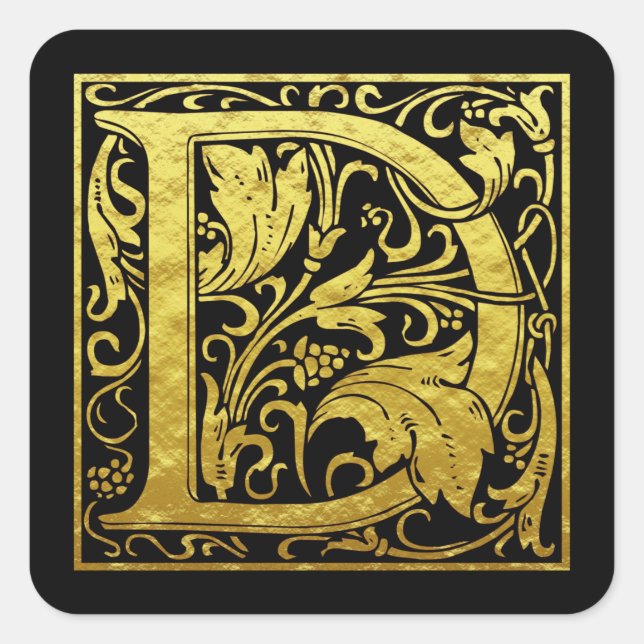 Letter D First Letter Faux Gold Black Square Sticker (Front)