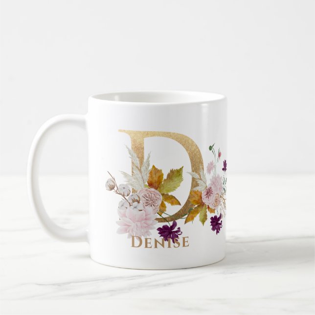Letter D - Gold Floral Name sister coworker friend Coffee Mug (Left)