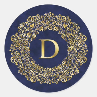 Letter D golden Damask Pattern Classic Round Sticker