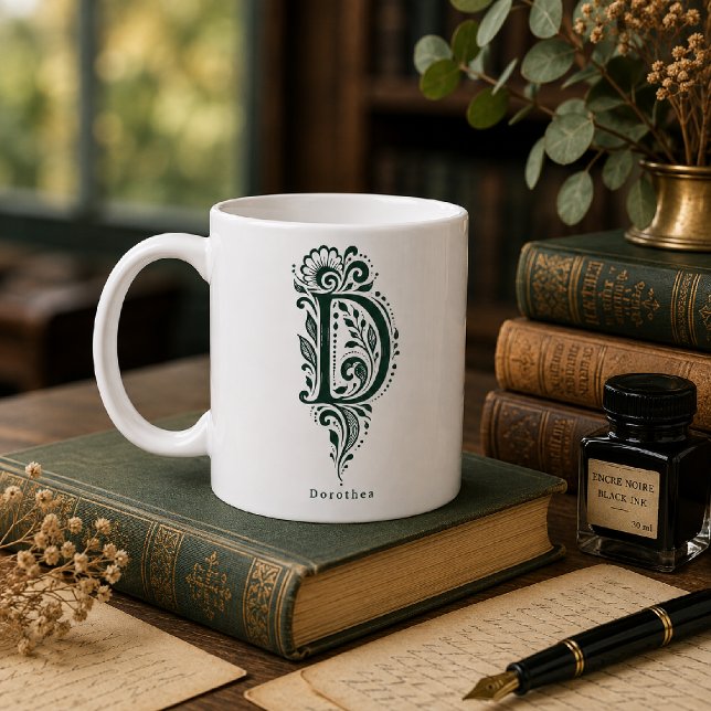 Letter D Linocut Botanical Personalised Mug (Creator Uploaded)