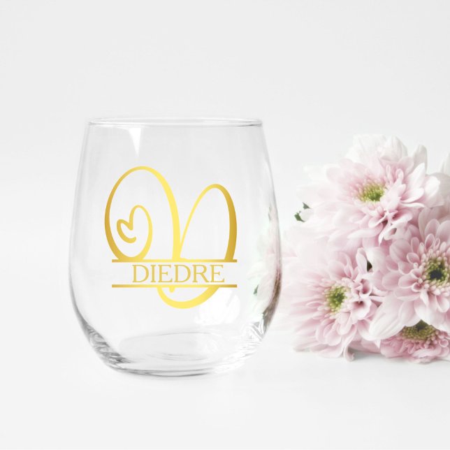 Letter D Monogram Bridesmaid Gift, Modern Elegant Stemless Wine Glass (stemless wine glass for a bridesmaid gift that has a gold split d monogram and customized with name)