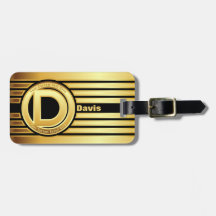 Letter D monogram luggage tag Gold stripe Black