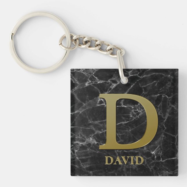 Letter D monogram on black marble Key Ring (Front)