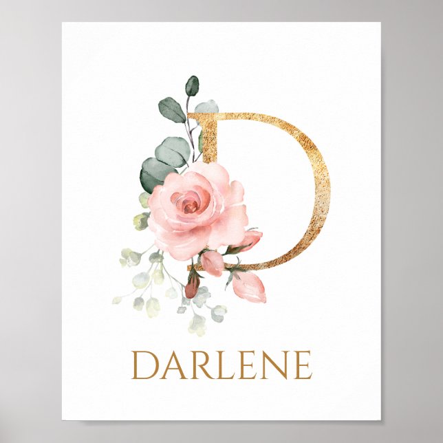 Letter D Monogram Pink Peach rose Nursery Poster (Front)