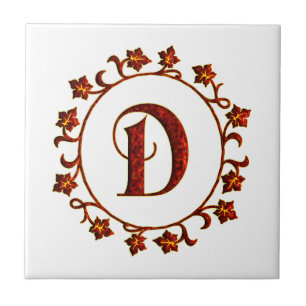 Letter D Monogram Red Leaves Tile