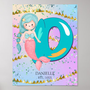 Letter D Monogram Watercolor Cute Mermaid Nursery Poster