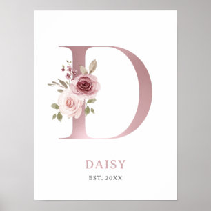 Letter D Monogram Watercolor Rose Florals Nursery  Poster