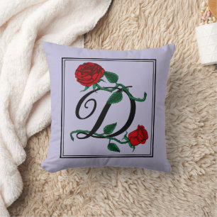 Letter D Monogram with Red Roses Purple Cushion