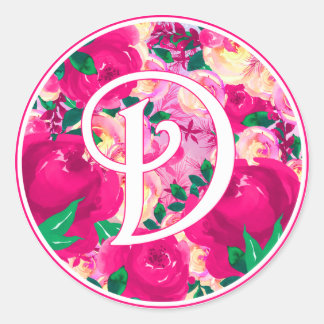 Letter D Pink Watercolor Floral Circle Monogram Classic Round Sticker