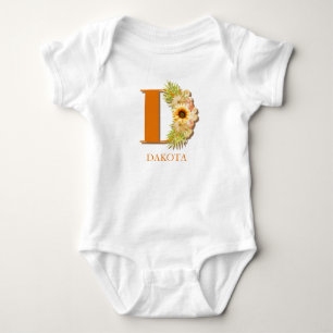 Letter D Sunflower Floral Monogram with Name Baby Bodysuit