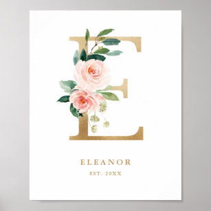 Letter E Blush Floral Monogram Gold Foil Nursery Poster